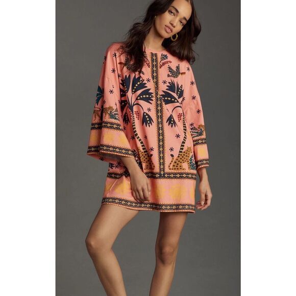 Farm Rio Anthropologie Printed Shift Mini Dress bell sleeves oversized pink comb